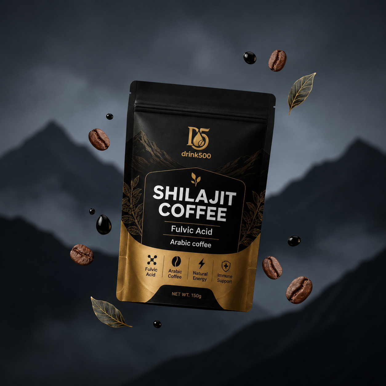 Drink500 Shilajit Coffee pouch against Himalayan mountains